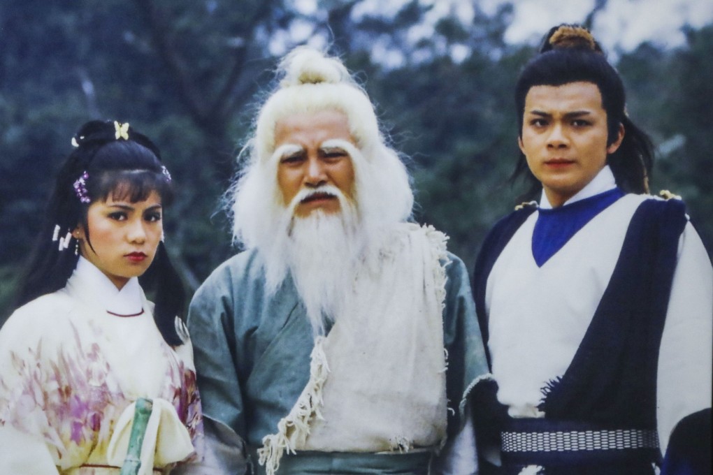 A picture of Barbara Yung, Lau Dan and Felix Wong, in character as Huang Rong, Hong Qigong and Guo Jing in TVB’s The Legend of the Condor Heroes, is shown at the Jin Yong Gallery at the Hong Kong Heritage Museum in Sha Tin in 2018. Photo: Nora Tam