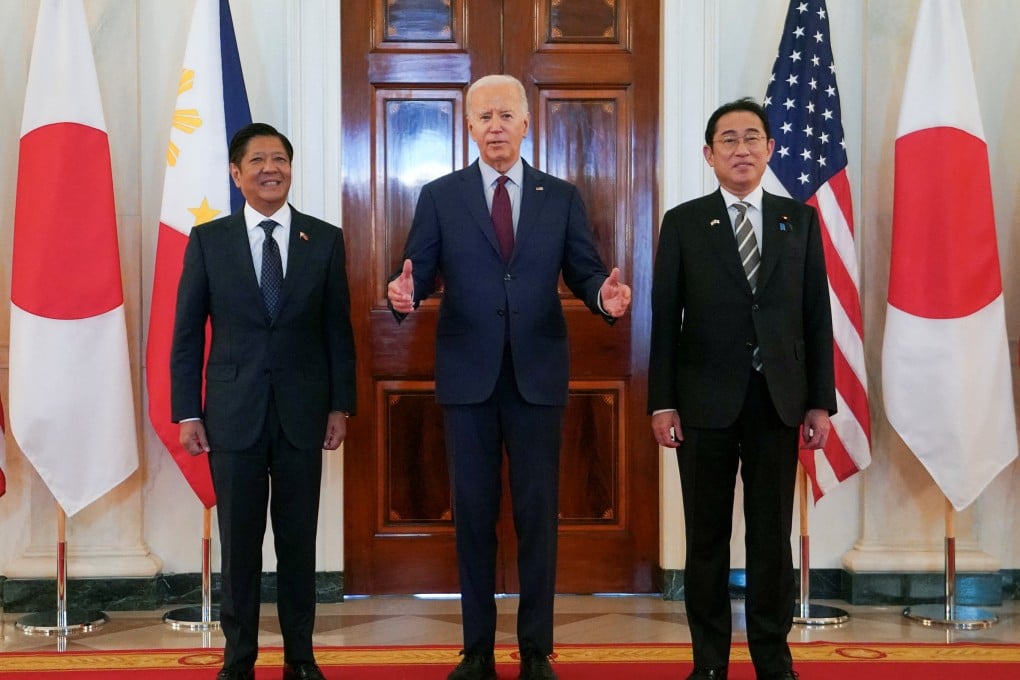 From left: Philippine President Ferdinand Marcos Jnr, US President Joe Biden and Japan Prime Minister Fumio Kishida during their trilateral summit at the White House in Washington on Thursday. Photo: Reuters