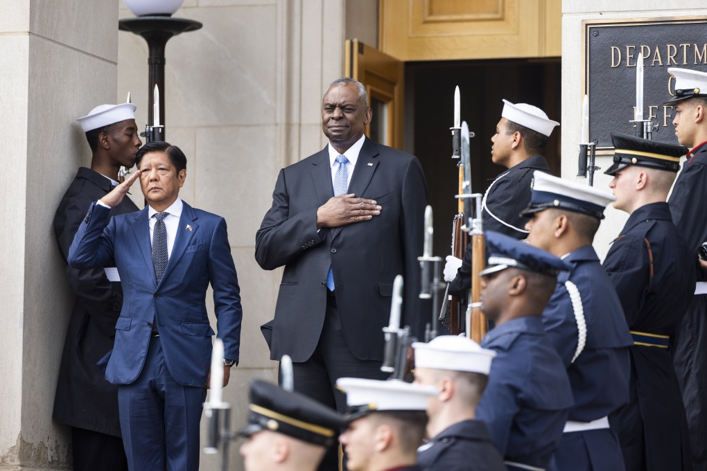 US Defence Secretary Lloyd Austin (centre) welcomes Philippines President Ferdinand Marcos Jnr (left) to the Pentagon in Arlington, Virginia, on Friday. Photo: EPA-EFE