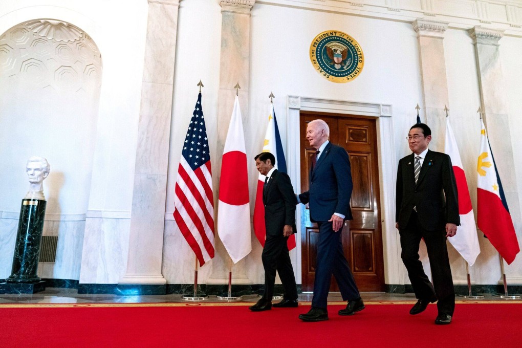 From left: Philippine President Ferdinand Marcos Jnr, US President Joe Biden and Japan’s Prime Minister Fumio Kishida arrive for a trilateral meeting at the White House on April 11. Photo: Bloomberg
