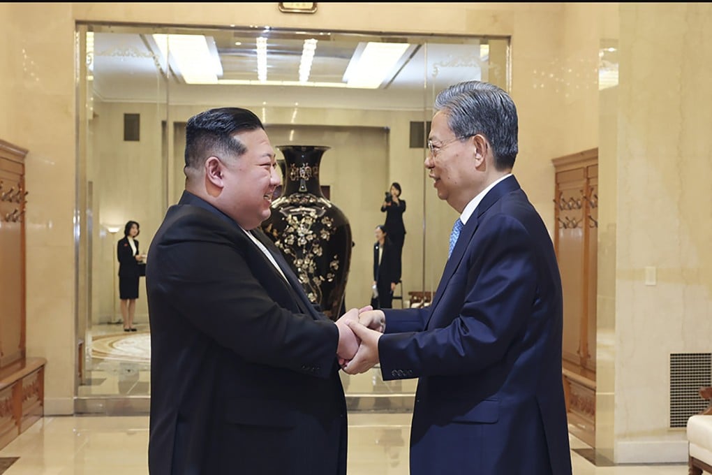 Zhao Leji pictured with North Korean leader Kim Jong-un in Pyongyang on Saturday. Photo: Xinhua