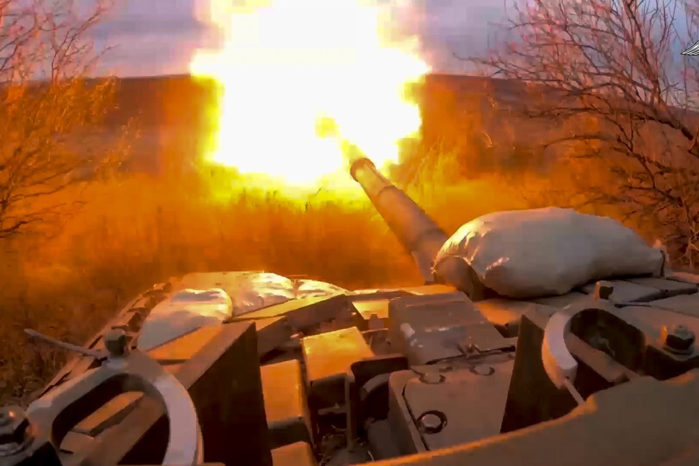 In an image released in March, a Russian tank fires at Ukrainian troops from a position near the border in Russia’s Belgorod region. Photo: Russian Defence Ministry Press Service via AP