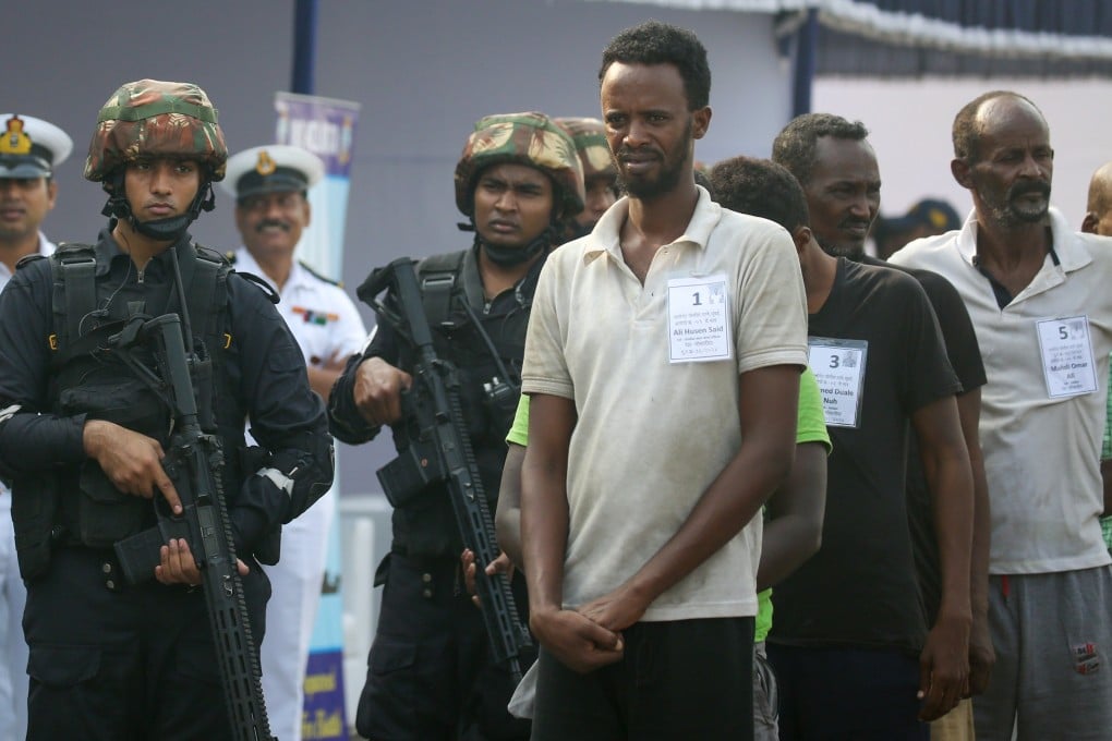 A group of suspected Somali pirates captured by the Indian Navy and presented to the media in Mumbai on March 23. Photo: EPA-EFE
