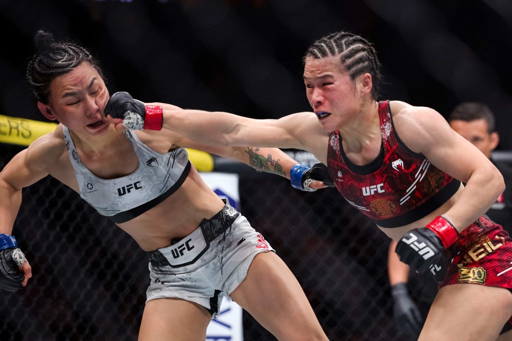 Zhang Weili punches Yan Xiaonan during their strawweight championship fight in Las Vegas. Photo: Getty Images via AFP