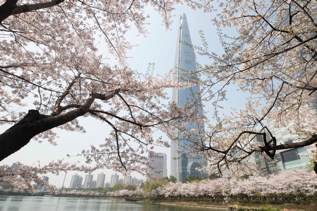 Cherry blossoms bloom in front of the Lotte World Tower in Seoul on April 7. Seoul’s commercial property market is a standout performer in Asia but receives far less attention than other markets. Photo: Xinhua