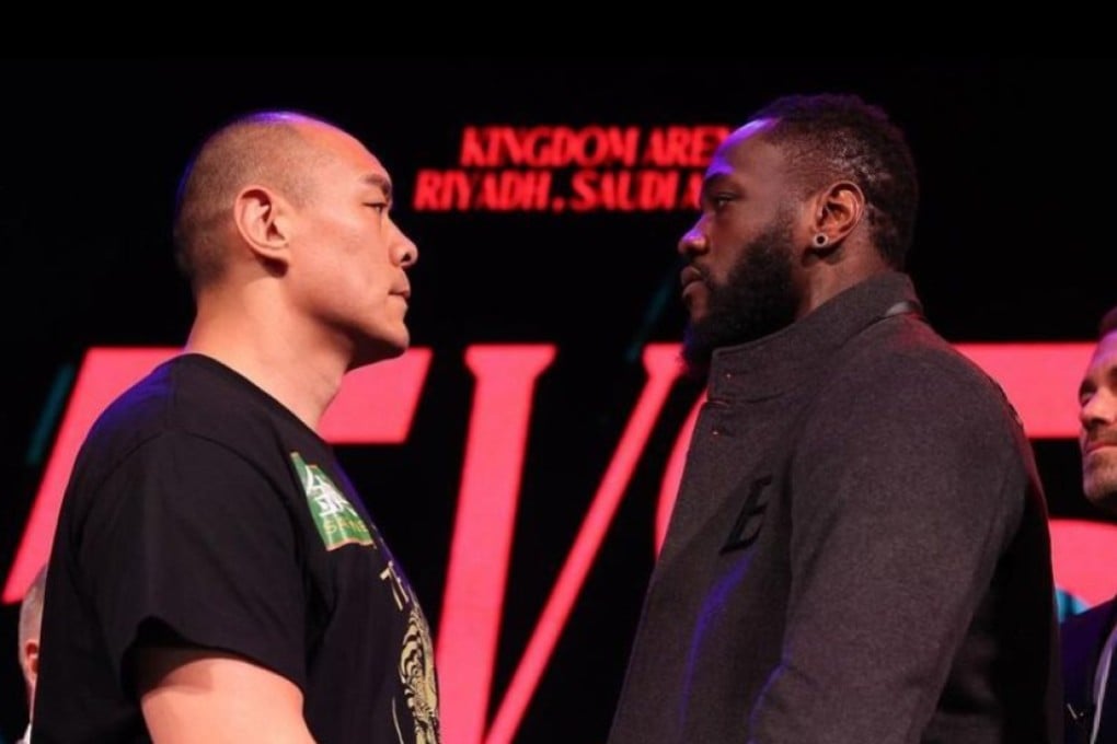 Zhang Zilei and Deontay Wilder face off at the announcement on Monday for their fight in Saudi Arabia in June. Photo: Instagram/zhileibigbangzhang