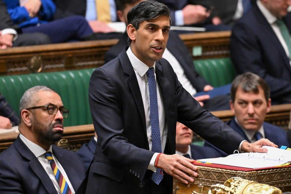 British Prime Minister Rishi Sunak speaks at the House of Commons in London on Monday. Photo: UK Parliament / Jessica Taylor / Handout via Reuters