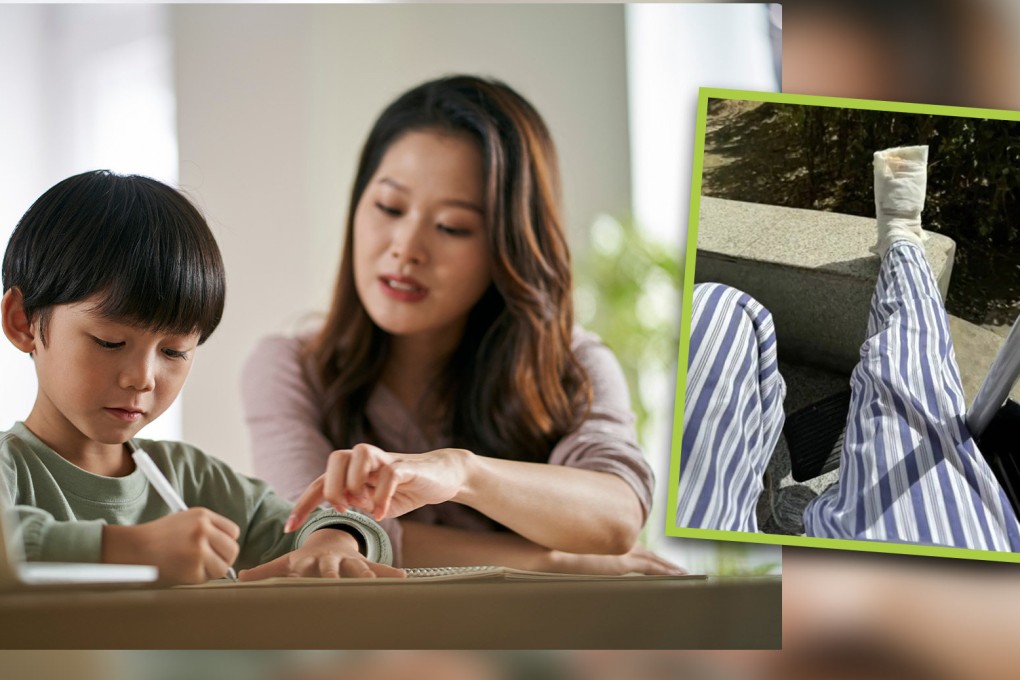 A frustrated mother in China has a meltdown while helping her son with homework, wants to kick someone, but hits wall instead breaking her toe. Photo: SCMP composite/Shutterstock/Baidu