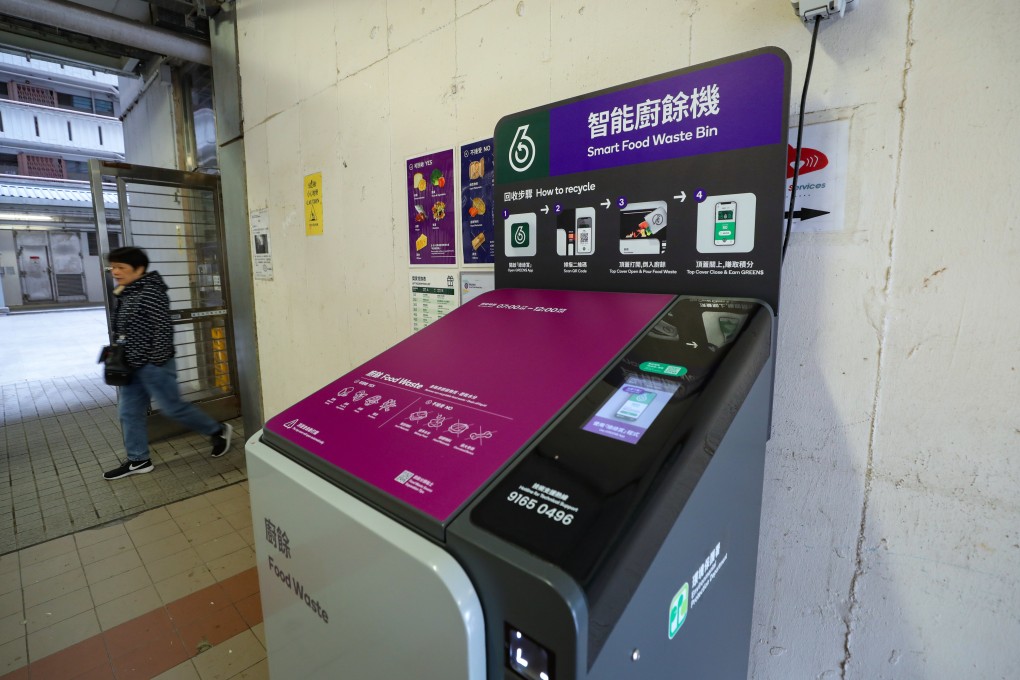 A new “smart” food waste recycling bin in Choi Hung. Authorities aim to install more than 700 of them at all 213 public housing estates by August. Photo: Sun Yeung