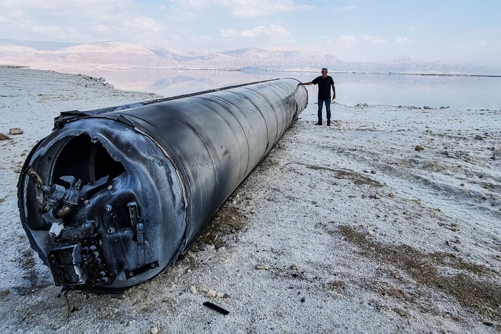 A ballistic missile on the shore of the Dead Sea, after Iran launched drones and missiles towards Israel. Photo: Reuters