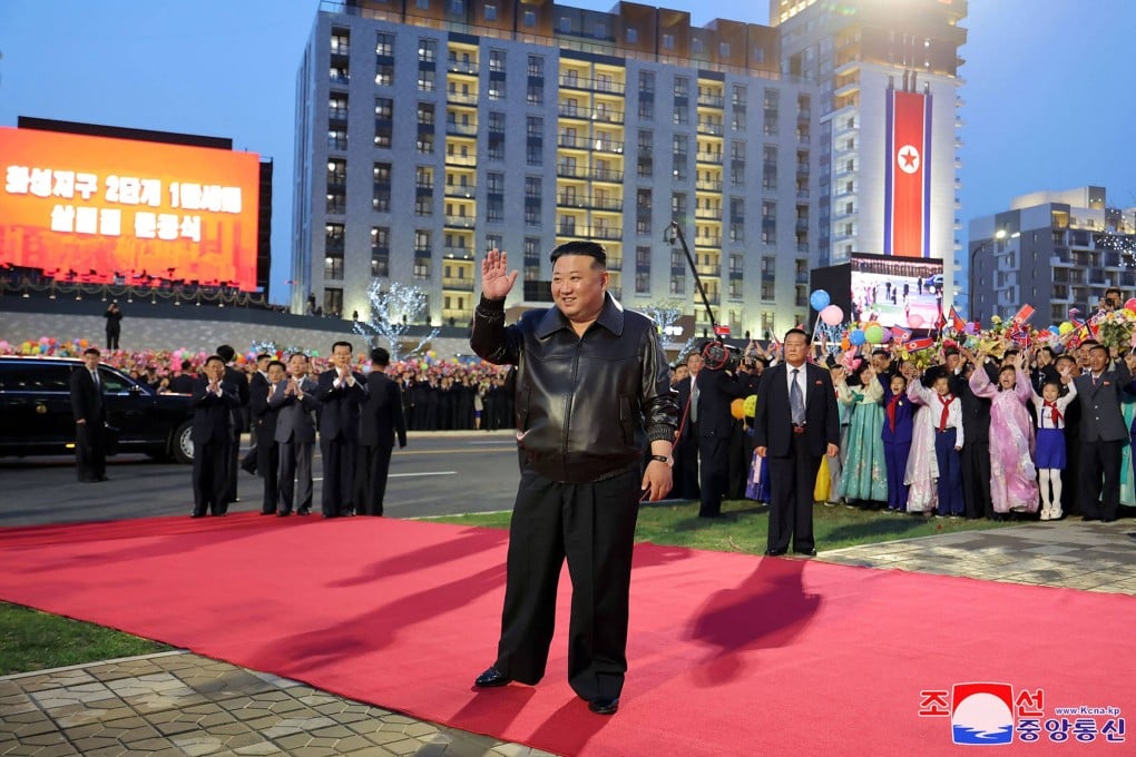 North Korea’s leader Kim Jong-un (centre) during a ceremony to mark the completion of the second phase of a 10,000-unit housing development in Pyongyang on April 17. Photo: KCNA via KNS / AFP