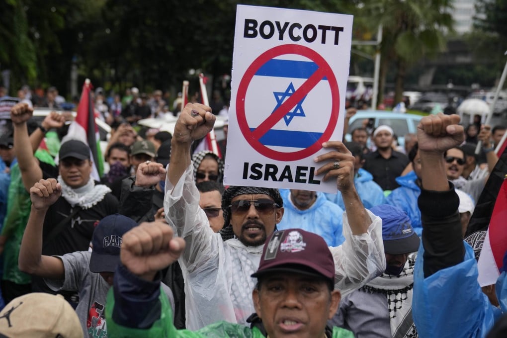 Muslim protesters shout anti-Israel slogans at an al-Quds (Jerusalem) Day rally earlier this month outside the US embassy in Jakarta. Southeast Asia’s Muslim-majority nations are leading the region’s rebuttal against the assault on Gaza by boycotting global brands with alleged links to Israel. Photo: AP