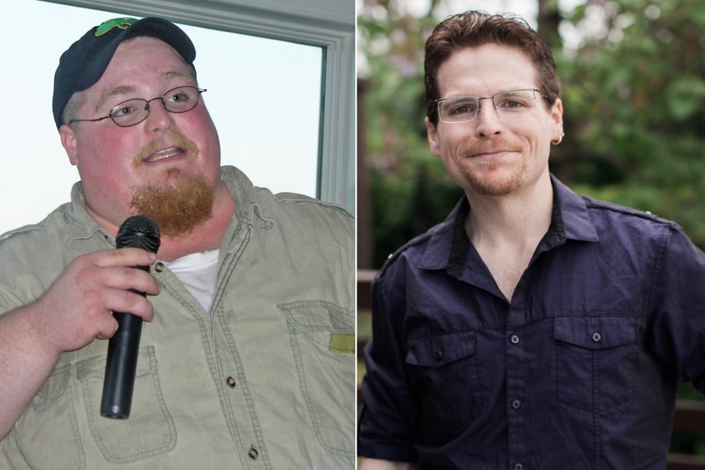 American podcaster Chuck Carroll, who grew up fat and addicted to junk food, describes his weight-loss journey – from a 190.5kg fast-food addict to a trim 63kg advocate of the plant-based lifestyle (right). Photo: Chuck Carroll