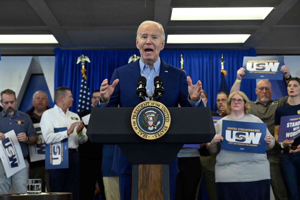 Joe Biden speaks at United Steelworkers headquarters in Pittsburgh, Pennsylvania. The US president is urging a tripling of tariffs on Chinese steel and aluminum as he pursues blue-collar votes ahead of November’s presidential election. Photo: AFP