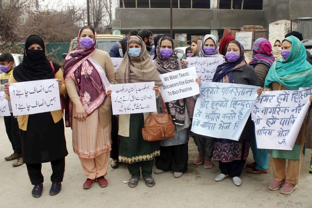 Women and their children protest in Srinagar, India-administered Kashmir, demanding travel documents so they can return to Pakistan. Photo: Umer Asif