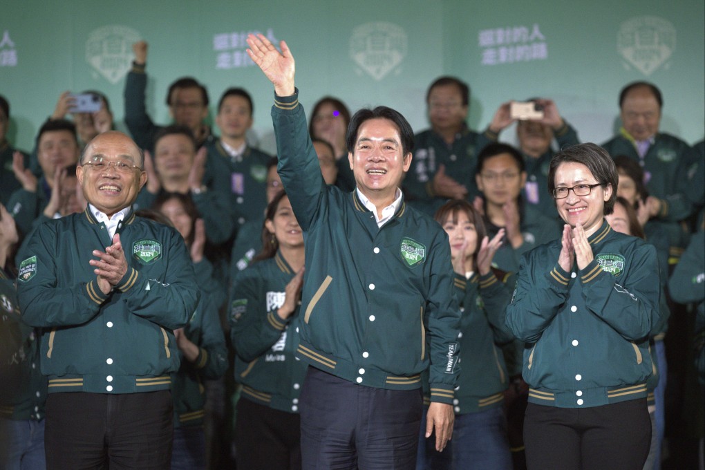 William Lai Ching-te celebrates his victory with running mate Bi-khim Hsiao and supporters, in Taipei on January 13. He takes office as president on May 20. Photo: AP