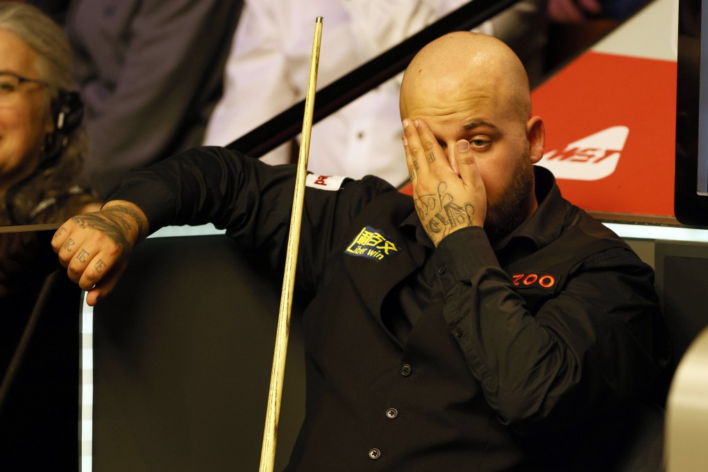 Luca Brecel during his match against David Gilbert on day one of the World Snooker Championship at the Crucible Theatre, Sheffield. Photo: AP
