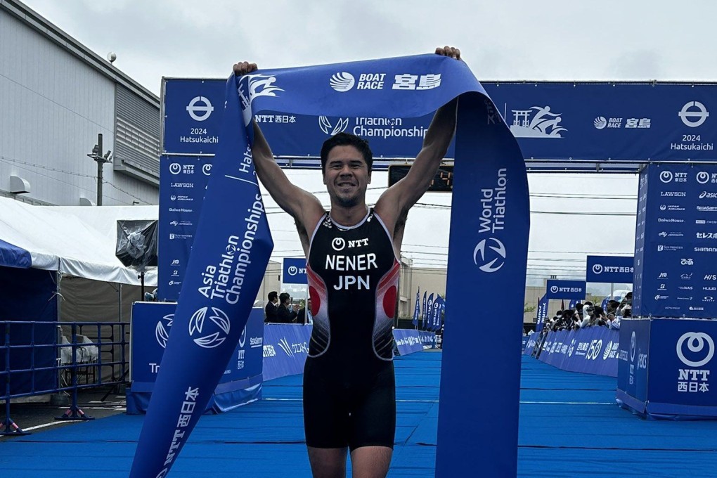 Kenji Nener celebrates after winning on home soil on Sunday. Photo: X/Triathlon Japan