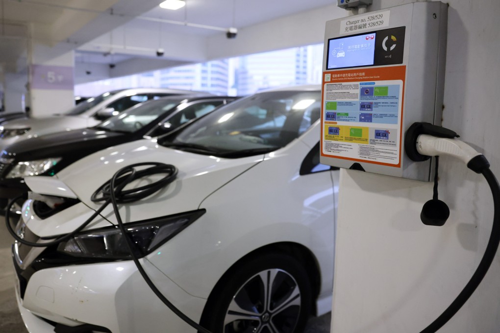 A charging station at Kwai Fong Car Park. The proportion of electric private cars among newly registered vehicles rose from 6.3 per cent in 2019 to 64.1 per cent last November. Photo: May Tse