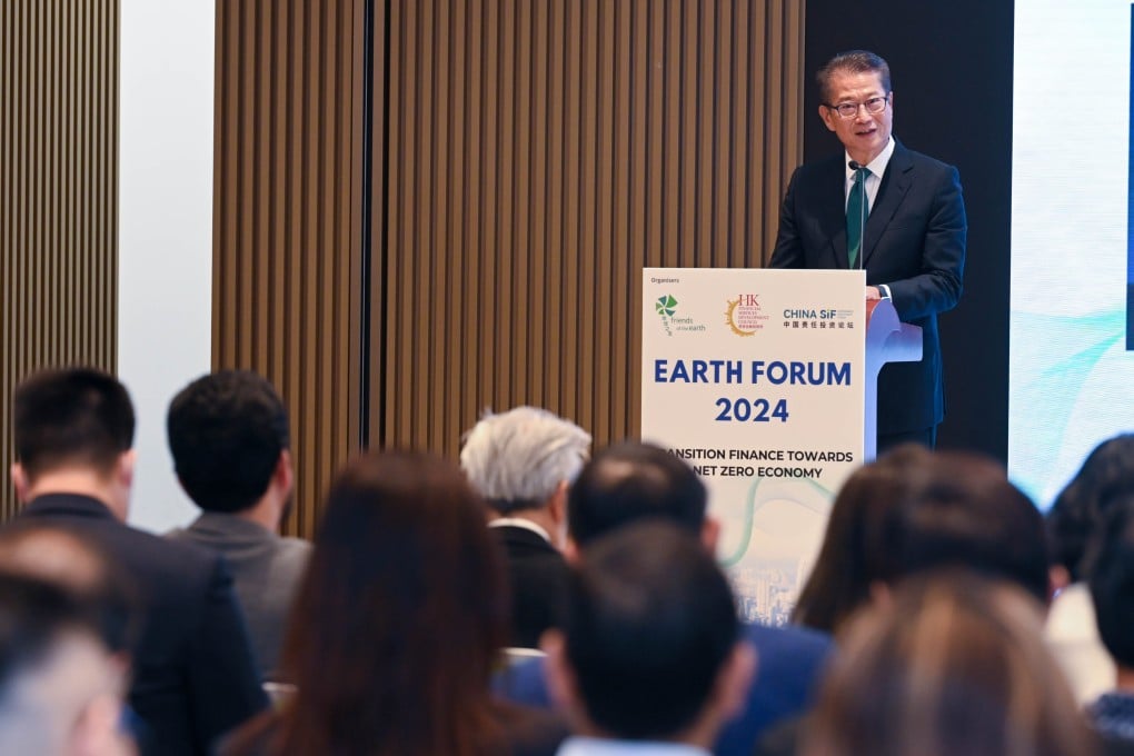 Financial Secretary Paul Chan speaks at Earth Forum 2024 in Hong Kong on Monday. Photo: Handout