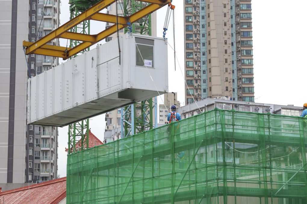 The “modular integrated construction” process employs free-standing, integrated modules from a mainland Chinese factory that undergo quality inspections before being installed at the project site. Photo: Yik Yeung-man