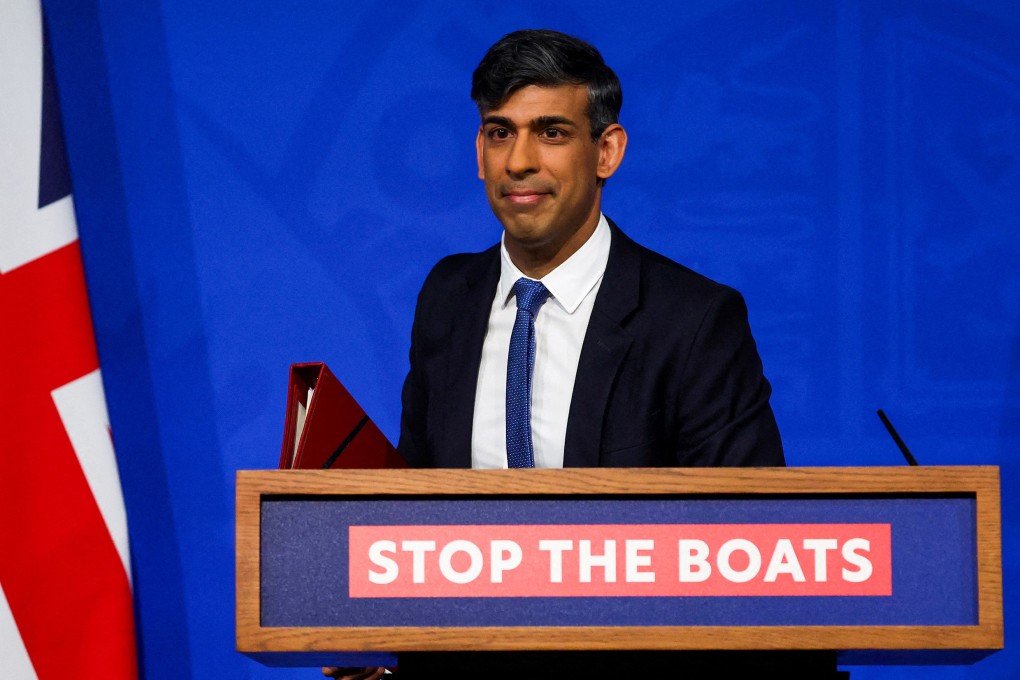 Britain’s Prime Minister Rishi Sunak speaks on Monday at a press conference regarding the Britain and Rwanda treaty to transfer illegal migrants to the African country. Photo: TNS/Pool