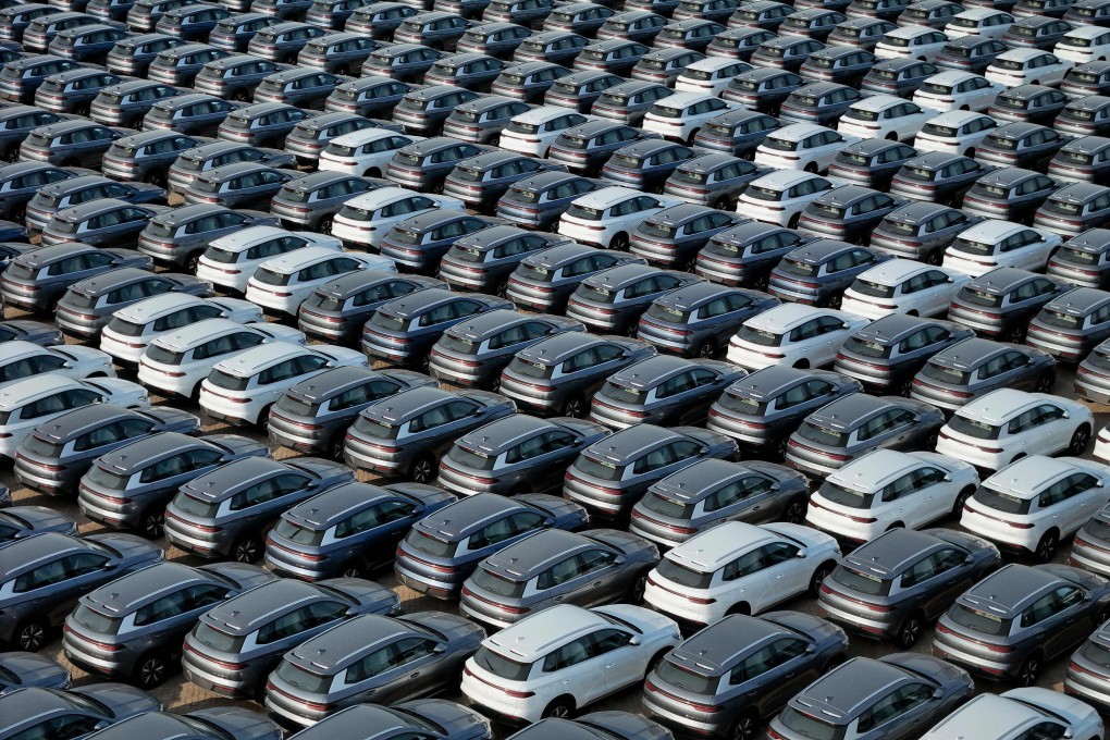 BYD electric cars for export wait to be loaded onto a ship in China’s Shandong province, in this file photo from last week. Photo: AFP