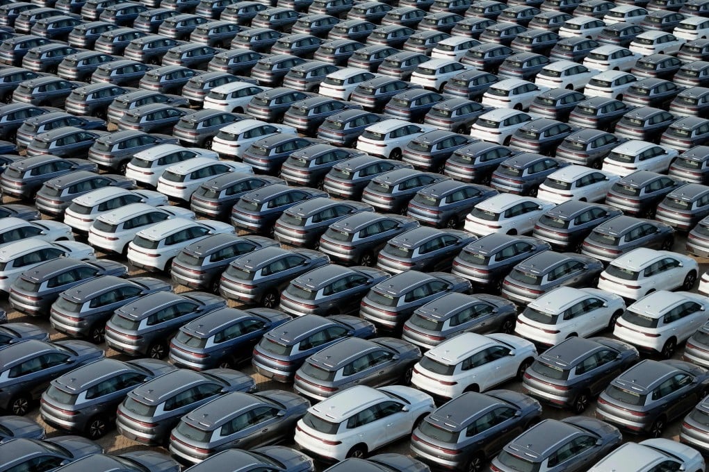 BYD electric cars for export wait to be loaded onto a ship in China’s Shandong province, in this file photo from last week. Photo: AFP