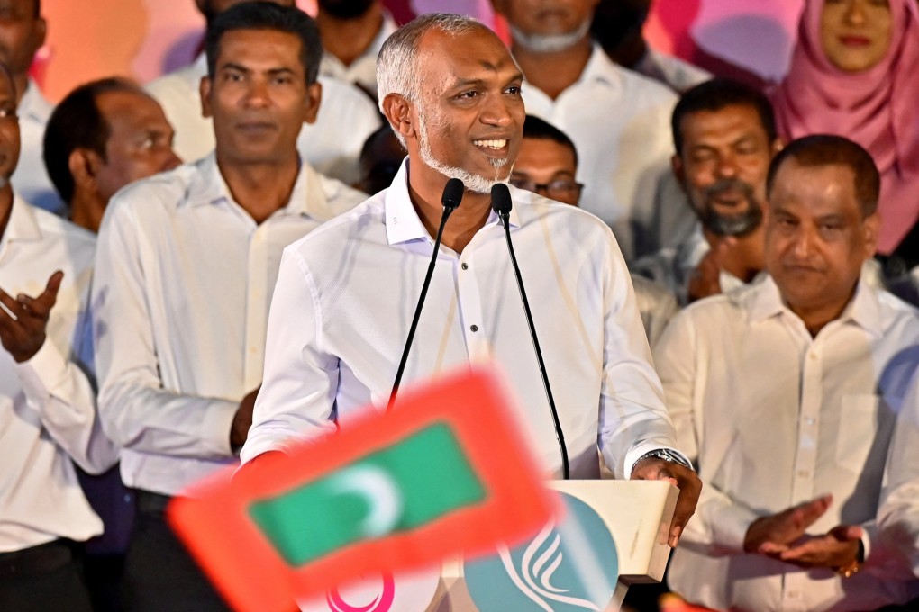 Maldives President Mohamed Muizzu addresses supporters in Male on Monday as his People’s National Congress party celebrates a landslide victory in parliamentary elections. Photo: Reuters