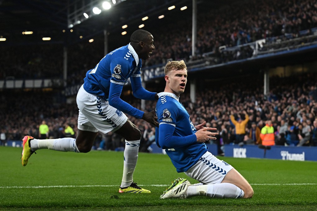 Everton defender Jarrad Branthwaite (right) celebrates scoring his side’s first against Liverpool at Goodison Park. Photo: AFP
