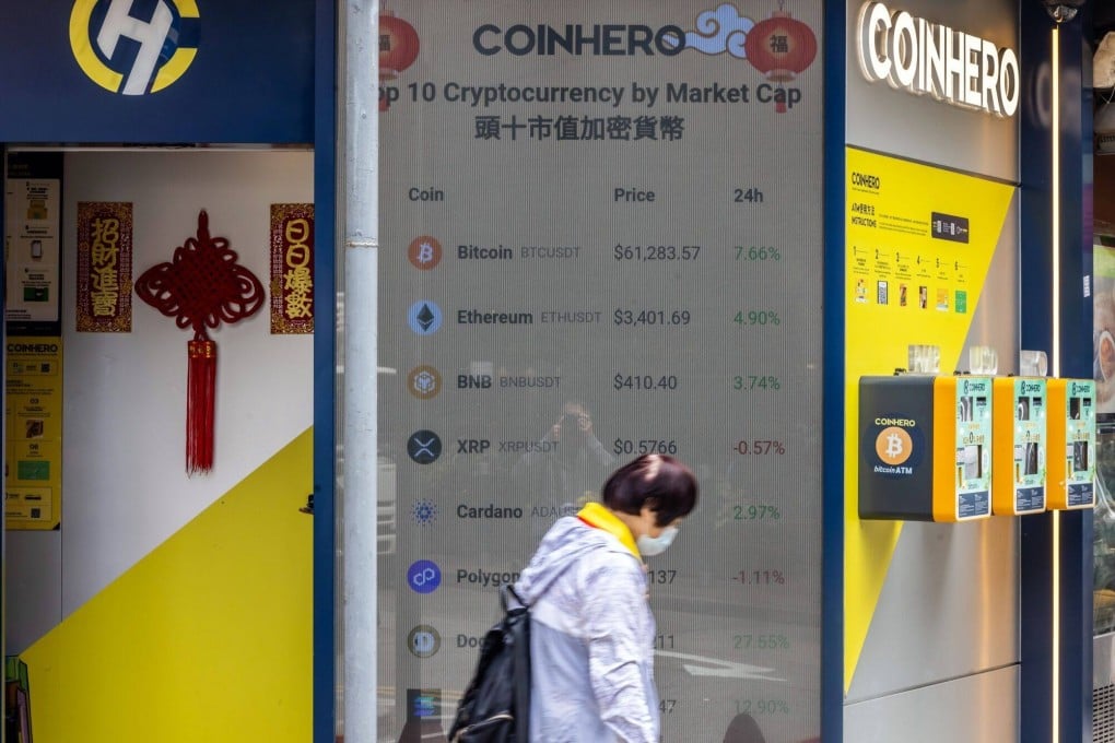 The prices of cryptocurrencies against US dollars are shown on a screen in Hong Kong, February 29, 2024. Photo: Bloomberg