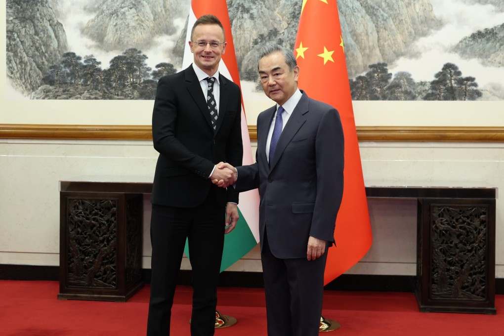 Chinese Foreign Minister Wang Yi, right, holds talks with Hungarian Foreign Minister Peter Szijjarto on Thursday. Wang said Beijing hoped Budapest would encourage the EU to take a “rational and friendly view of China’s development”. Photo: Xinhua