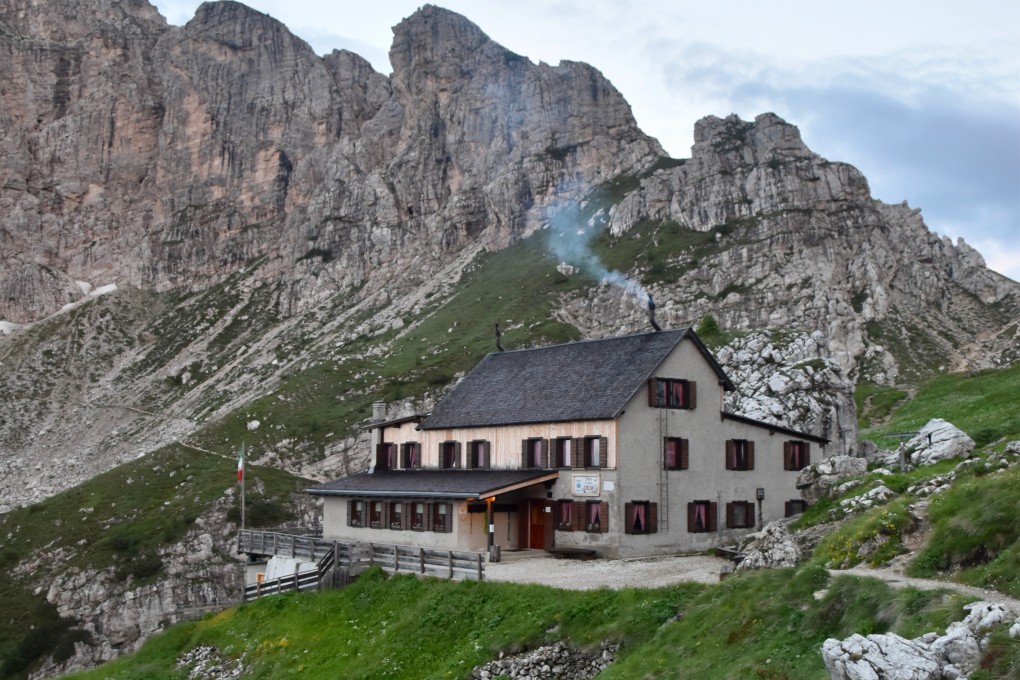 A view of Rifugio Coldai, a refuge for hikers in the Dolomites of northern Italy. A hike through the Dolomites involves some dizzying drops, but the reward is views of staggering beauty. Photo: Victoria Burrows