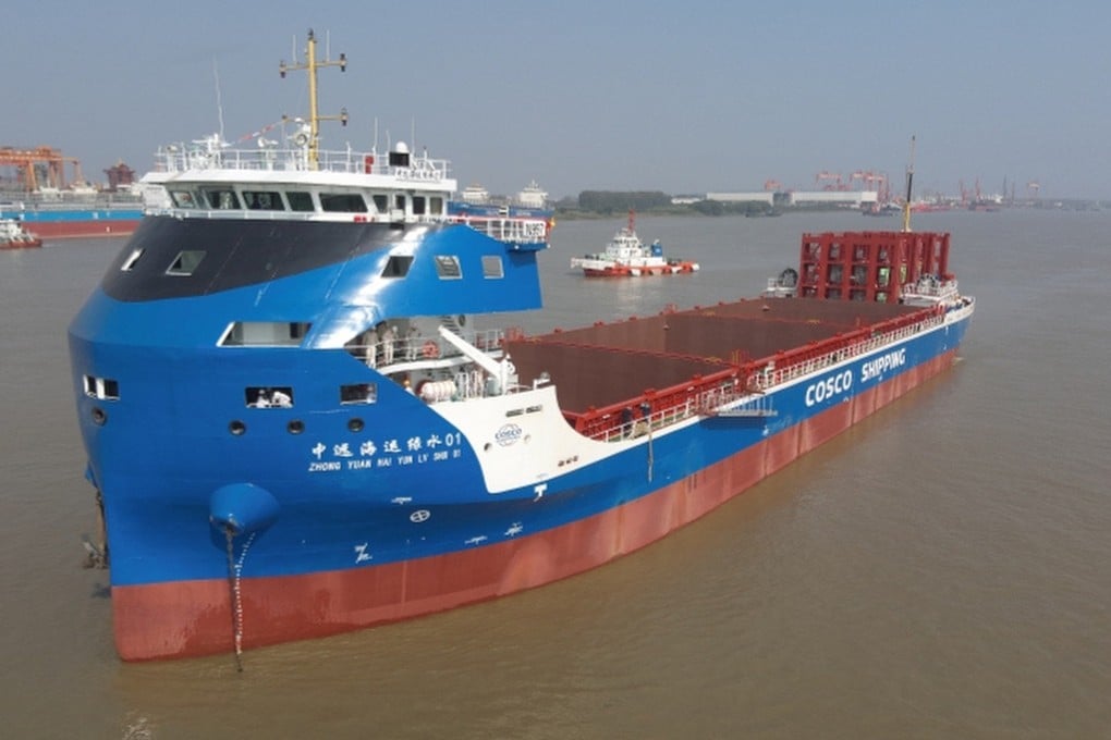 The world’s biggest fully electric container ship built in China by state-owned shipping group Cosco will start a regular weekly service between Shanghai and Nanjing. Photo: Handout