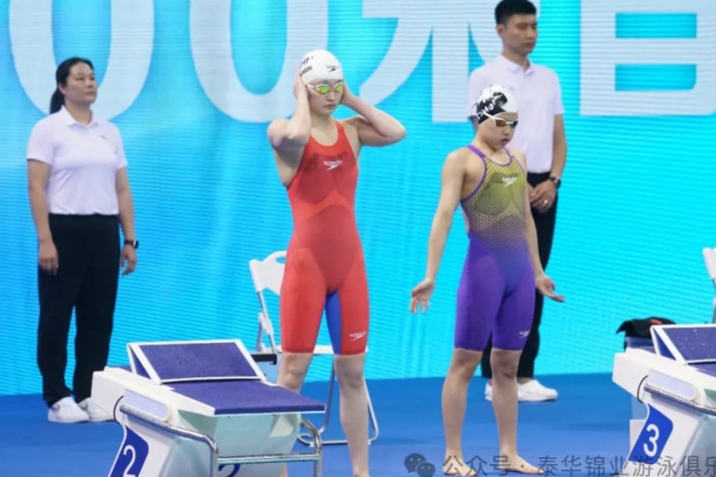 Chinese 11-year-old swimmer Yu Zidi (right) preparing for the final of the 400-metre freestyle final at the national championships in Shenzhen. Photo: WeChat/Club Swimming