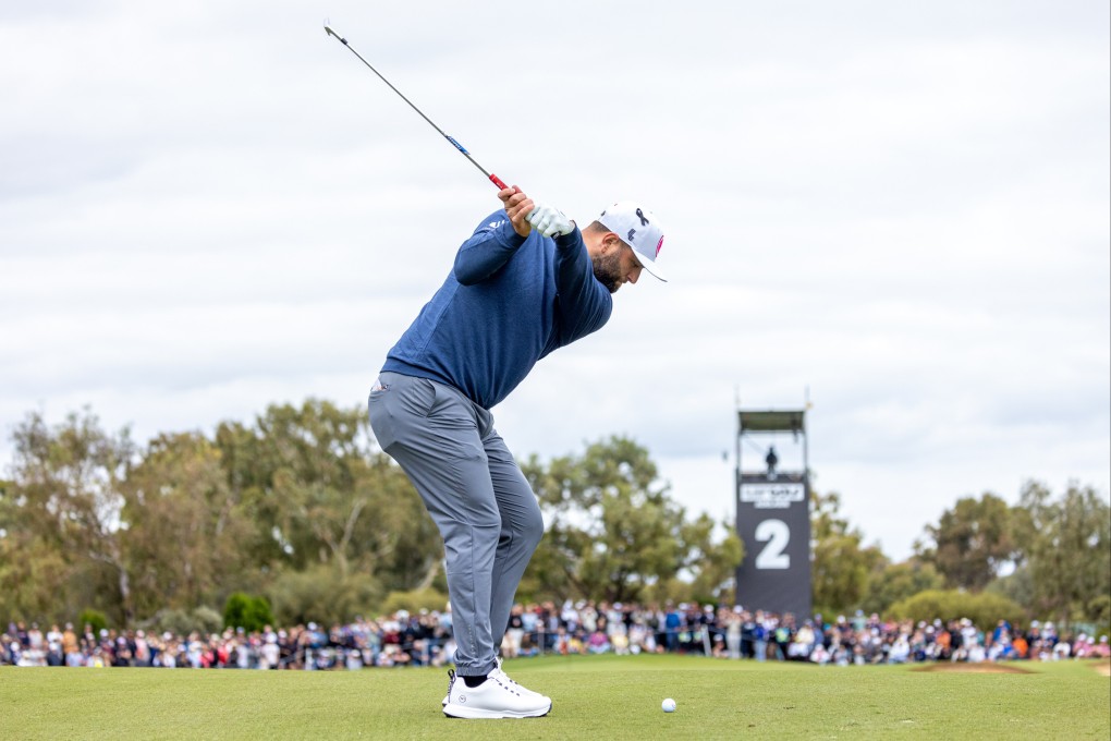 Jon Rahm hits his approach into the second green during the first round of LIV Golf Adelaide at the Grange Golf Club. Photo: LIV Golf