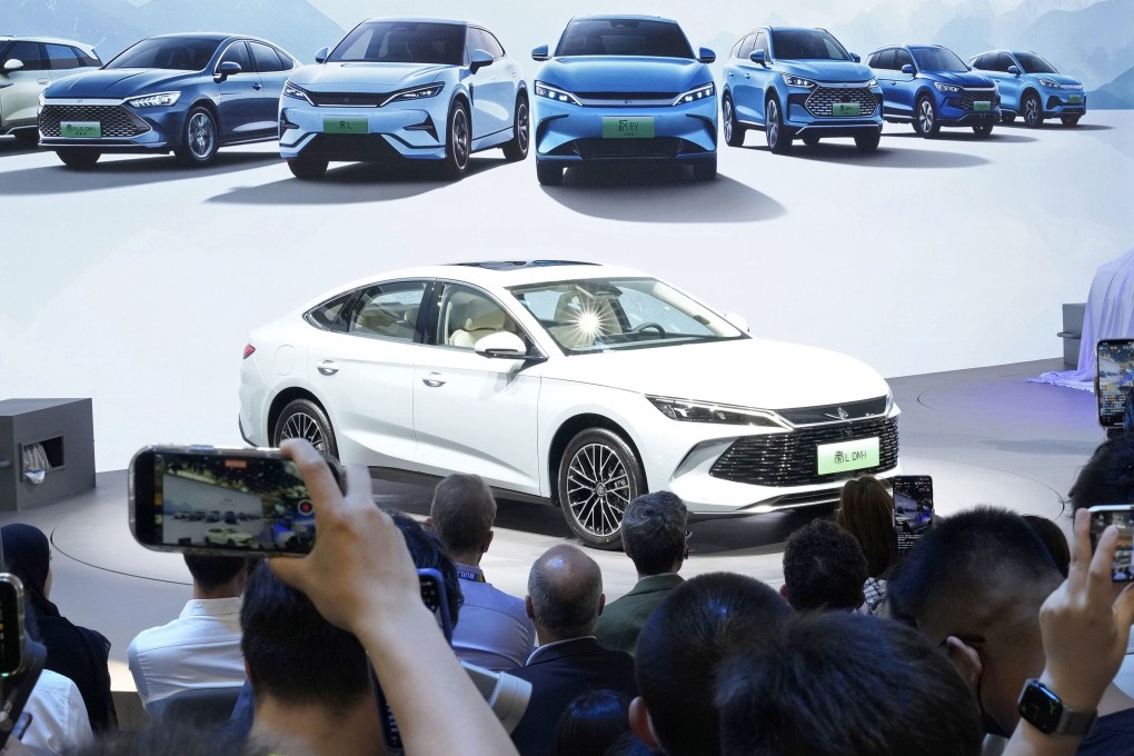 Chinese electric vehicle maker BYD releases a new plug-in hybrid model on the first day of the Beijing International Automotive Exhibition on April 25, 2024, in the Chinese capital. Photo: Kyodo