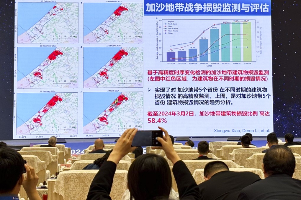 Li Deren from Wuhan University presents his teams findings on destruction in Gaza at the China Space Conference’s main on Wednesday. Photo: Handout