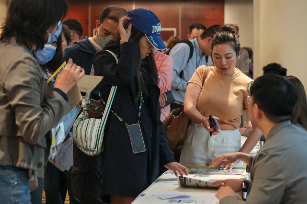 Prospective buyers queue up at the Mong Kok sales office of Great Eagle Holdings’ Onmantin residential project on April 27, 2024. Photo: Xiaomei Chen
