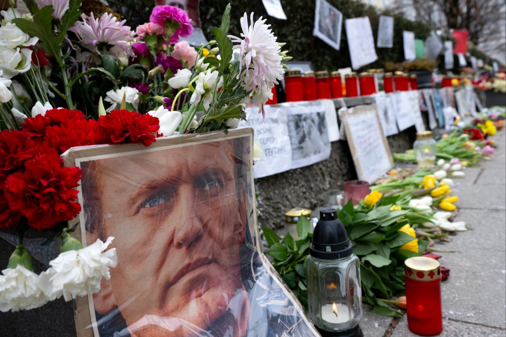 Flowers, candles and pictures are laid in tribute to Russian opposition figure Alexei Navalny, near the Consulate General of the Russian Federation. Navalny died at an Arctic prison in February. Photo: dpa