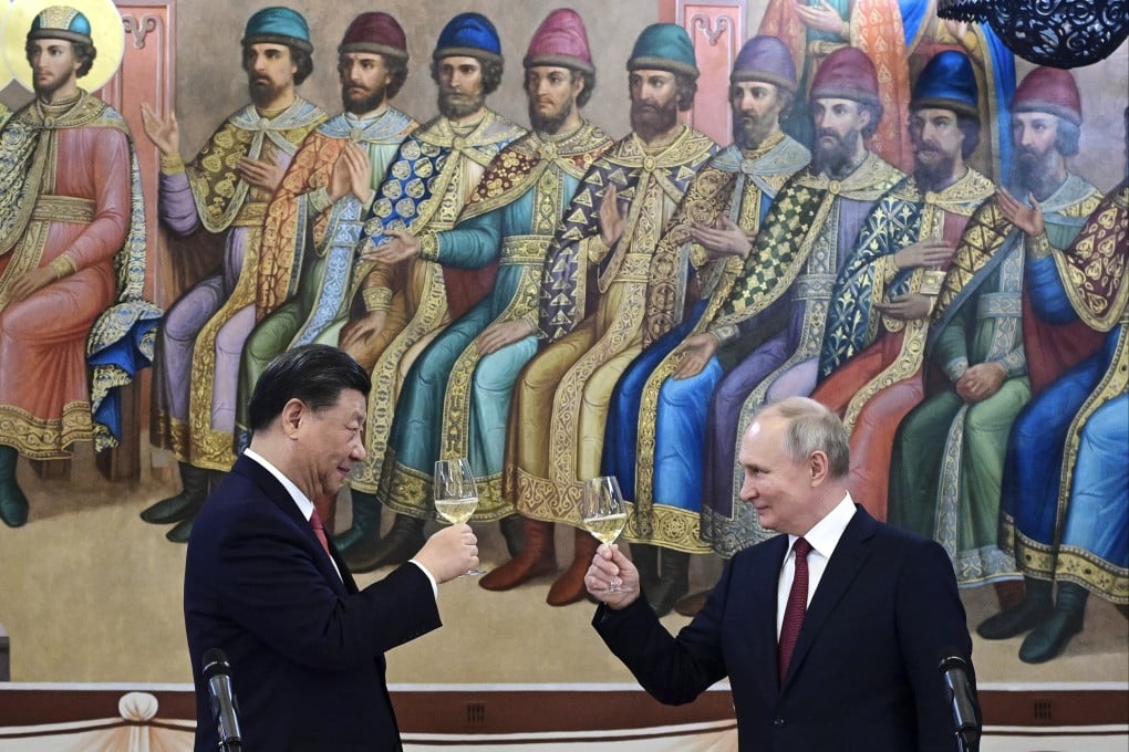 Russian President Vladimir Putin (right) and Chinese President Xi Jinping toast during a dinner in Moscow in March 2023. Putin’s trip to China in May will be the first foreign visit of his new presidential term. Photo: AP
