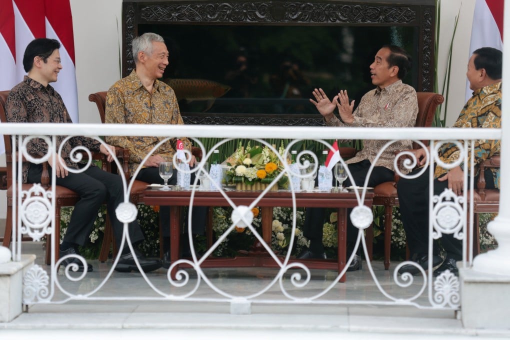 Singapore Prime Minister Lee Hsien Loong (second from left) and his deputy Lawrence Wong (left) with Indonesian President Joko Widodo (second from right) and Indonesian Defence Minister Prabowo Subianto (right) during their meeting at the Singapore-Indonesia Leaders’ Retreat at the Presidential Palace in Bogor, Indonesia, on Monday. Photo: EPA-EFE