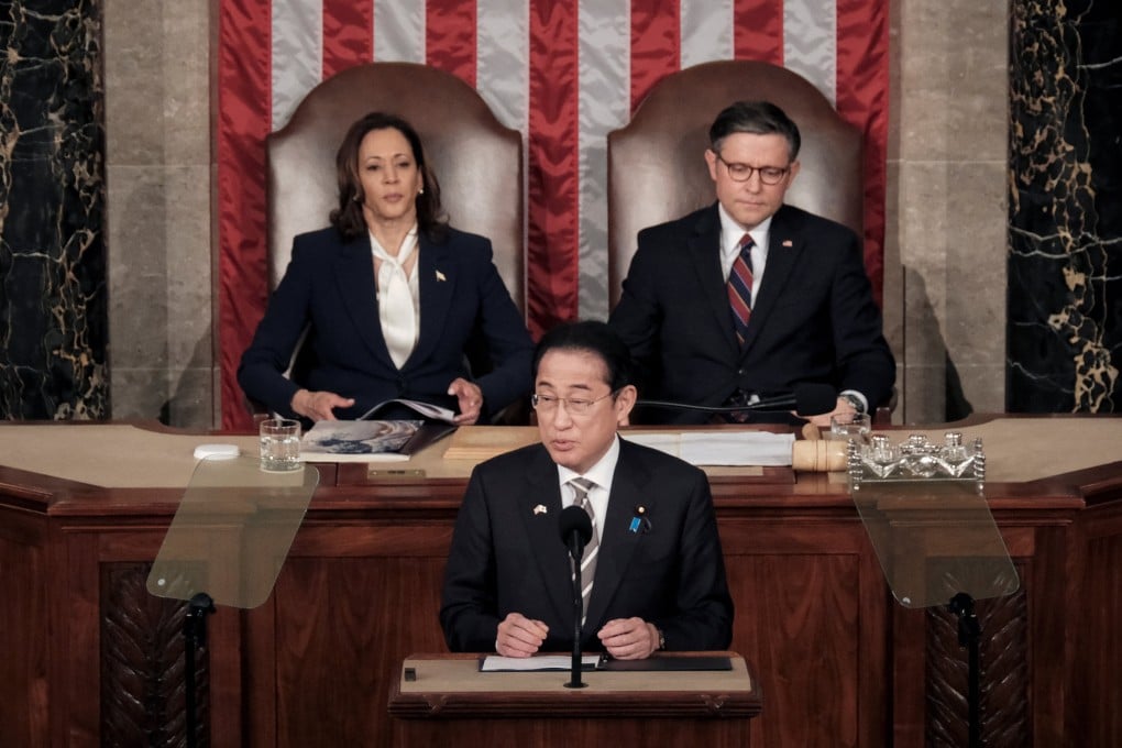 Japanese Prime Minister Fumio Kishida addressing a joint session of the US Congress Thursday at the Capitol, as Vice-President Kamala Harris and House Speaker Mike Johnson listen. Photo: Reuters