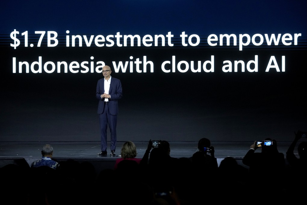Microsoft chief executive Satya Nadella unveils the software giant’s latest initiative at the Microsoft Build: AI Day event in Jakarta, Indonesia, on April 30, 2024. Photo: AP