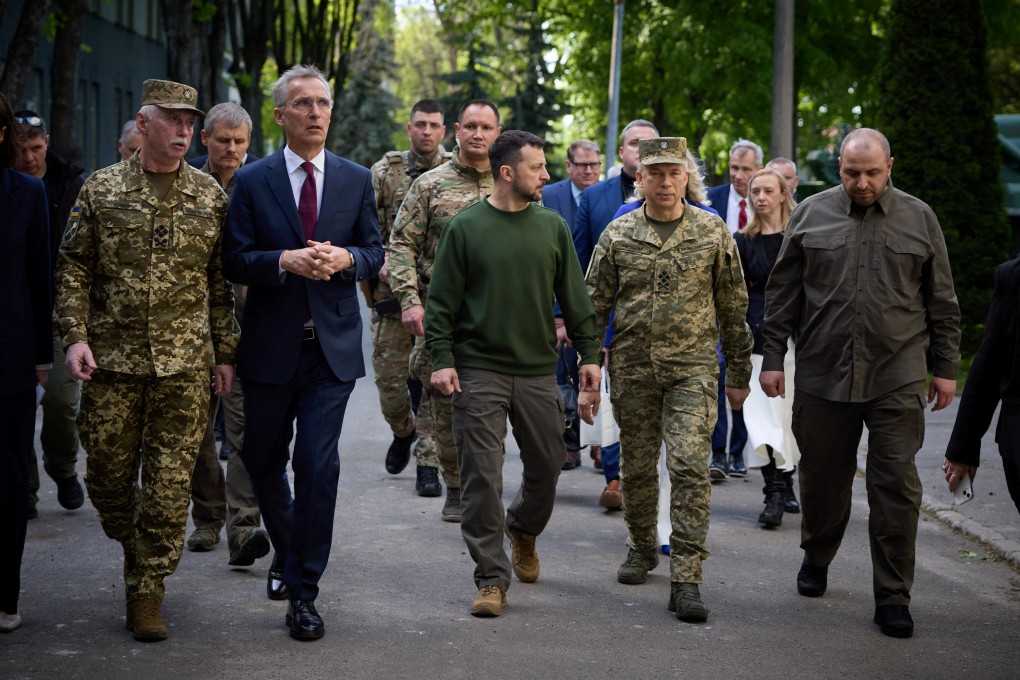 Ukraine’s President Volodymyr Zelensky, centre, and Nato Secretary-General Jens Stoltenberg, left, in Kyiv, Ukraine on Monday. Photo: Ukrainian Presidential Press Service / Handout via Reuters