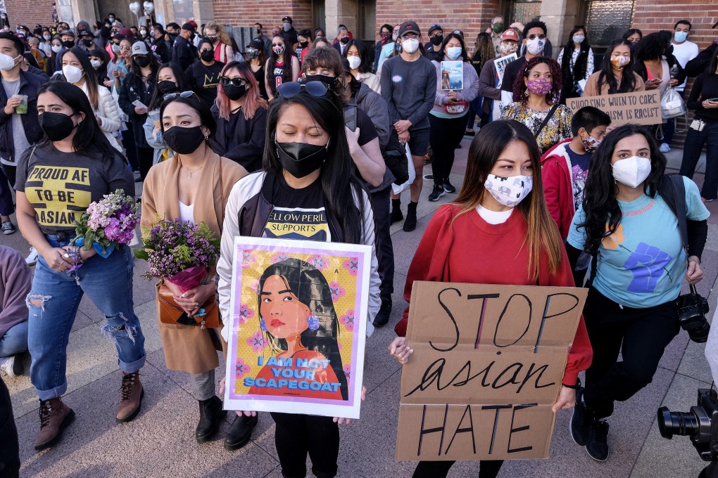 Protesters participate in a rally to raise awareness of anti-Asian violence, at the Japanese American National Museum in Little Tokyo in Los Angeles. Photo: AFP