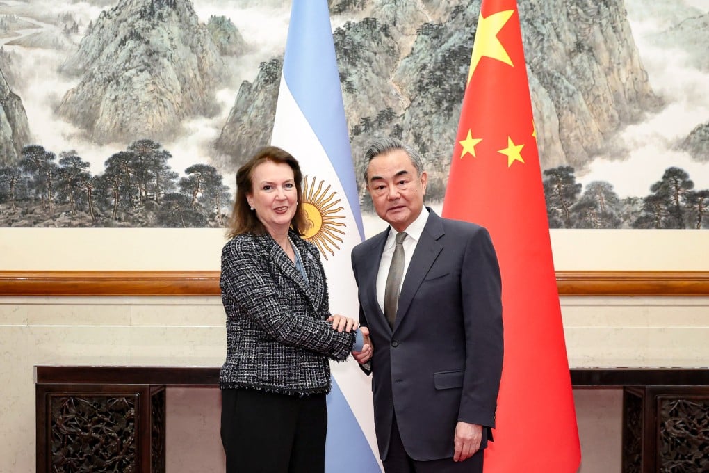 Chinese Foreign Minister Wang Yi welcomes Argentina’s top diplomat Diana Mondino in Beijing on Tuesday. Photo: Xinhua
