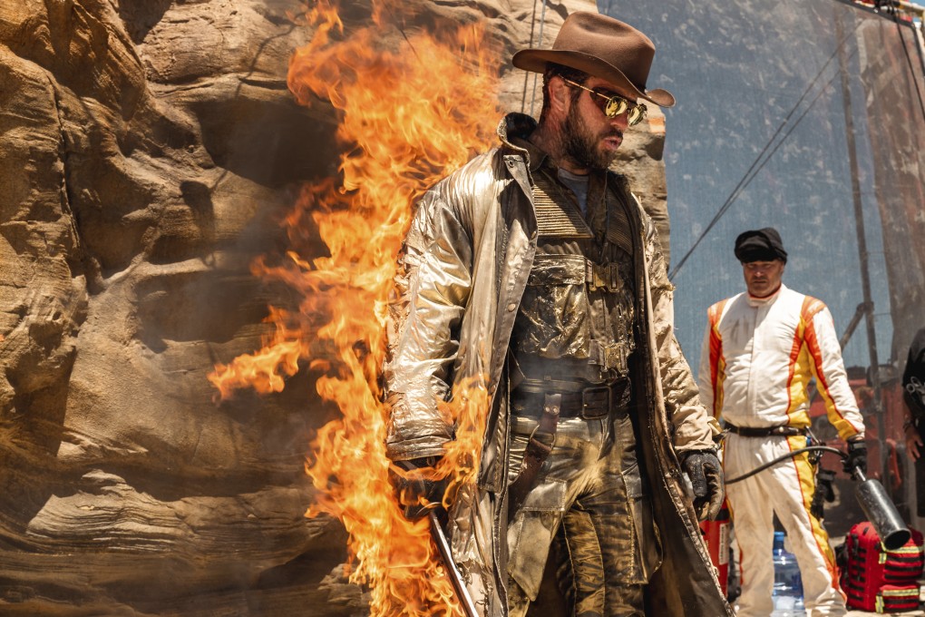Stunt performer Ben Jenkin in flames during a stunt on the set of The Fall Guy. Photo: Universal Pictures