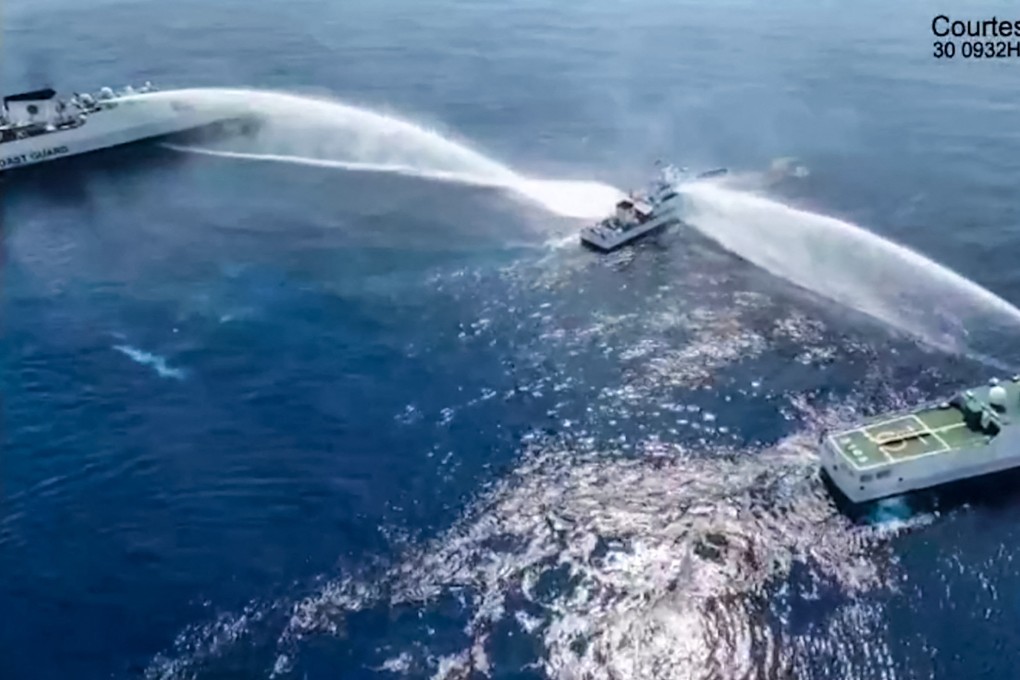 The Philippines said the China Coast Guard fired water cannon on April 30 at two of its vessels, causing damage to one of them, during a patrol near a reef off the Southeast Asian country. Photo: Handout