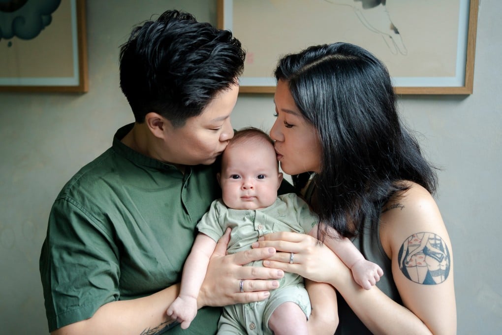 Singaporean LGBTQ couple Ching Sia (left) and Cally Cheung with their baby daughter. Under Singapore’s laws, they are classified as single unmarried women, despite getting married in Australia two years ago. Photo: Handout
